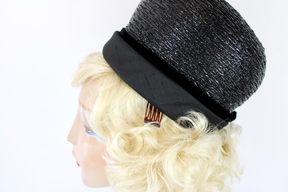 60s Pill Box Hat Mr. John Jr. Black Fine Straw & … - image 2