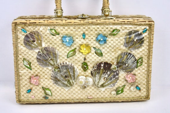 50s Wicker Box Purse Rectangle w Colorful Sea She… - image 3