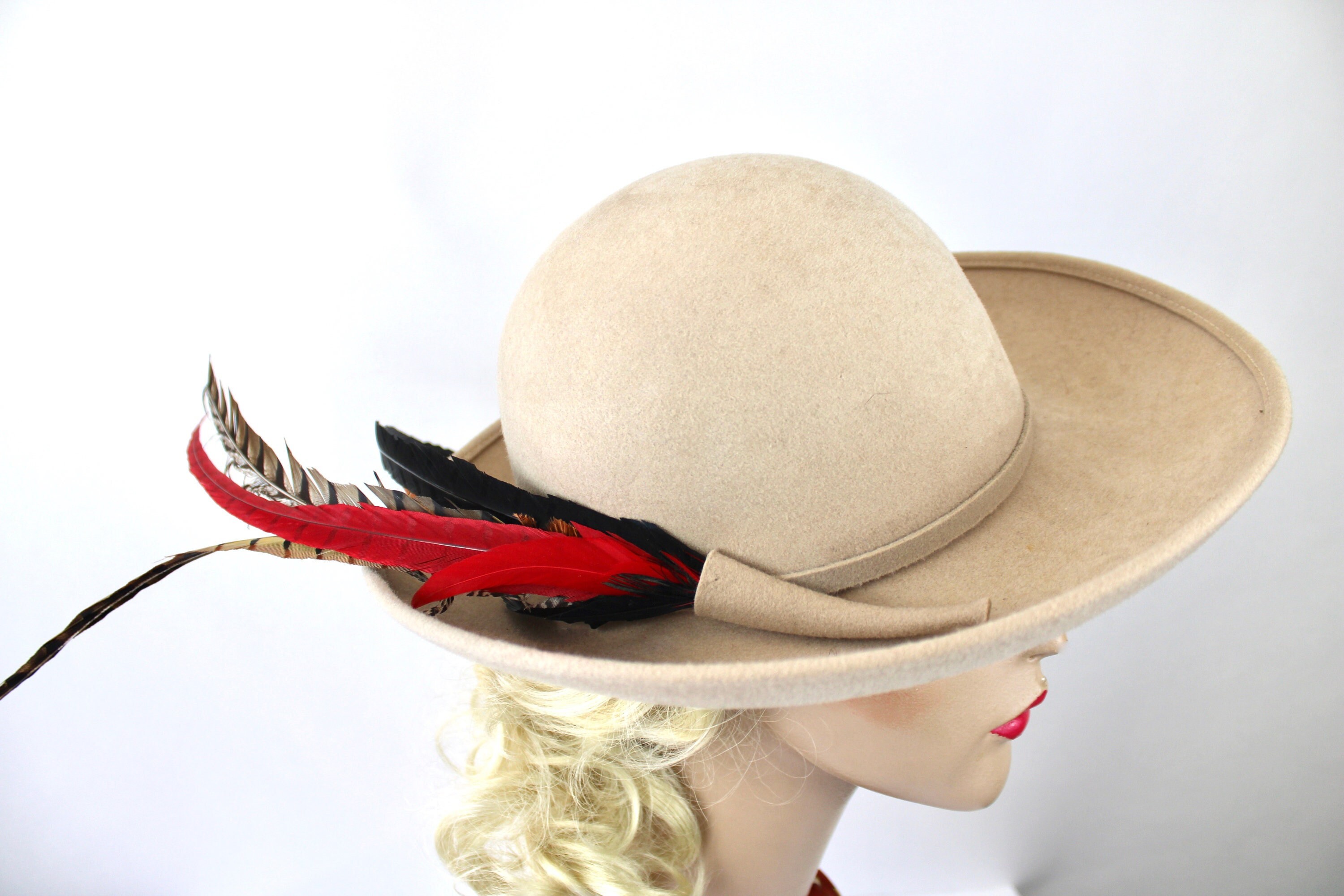 70s Fedora Hat by Frank Olive Tan Wool Felt Wide Brim 