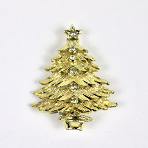 70s Christmas Tree Brooch Gold w Sparkling Rhinestones