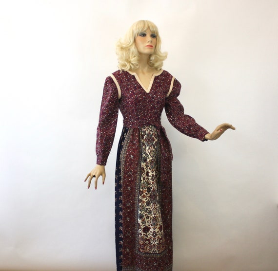 70s Prairie  Maxi Dress Burgundy Calico Cotton   … - image 3