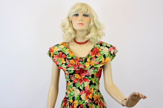 Vintage Day Dress NOS   Black Cotton Floral Dress… - image 2