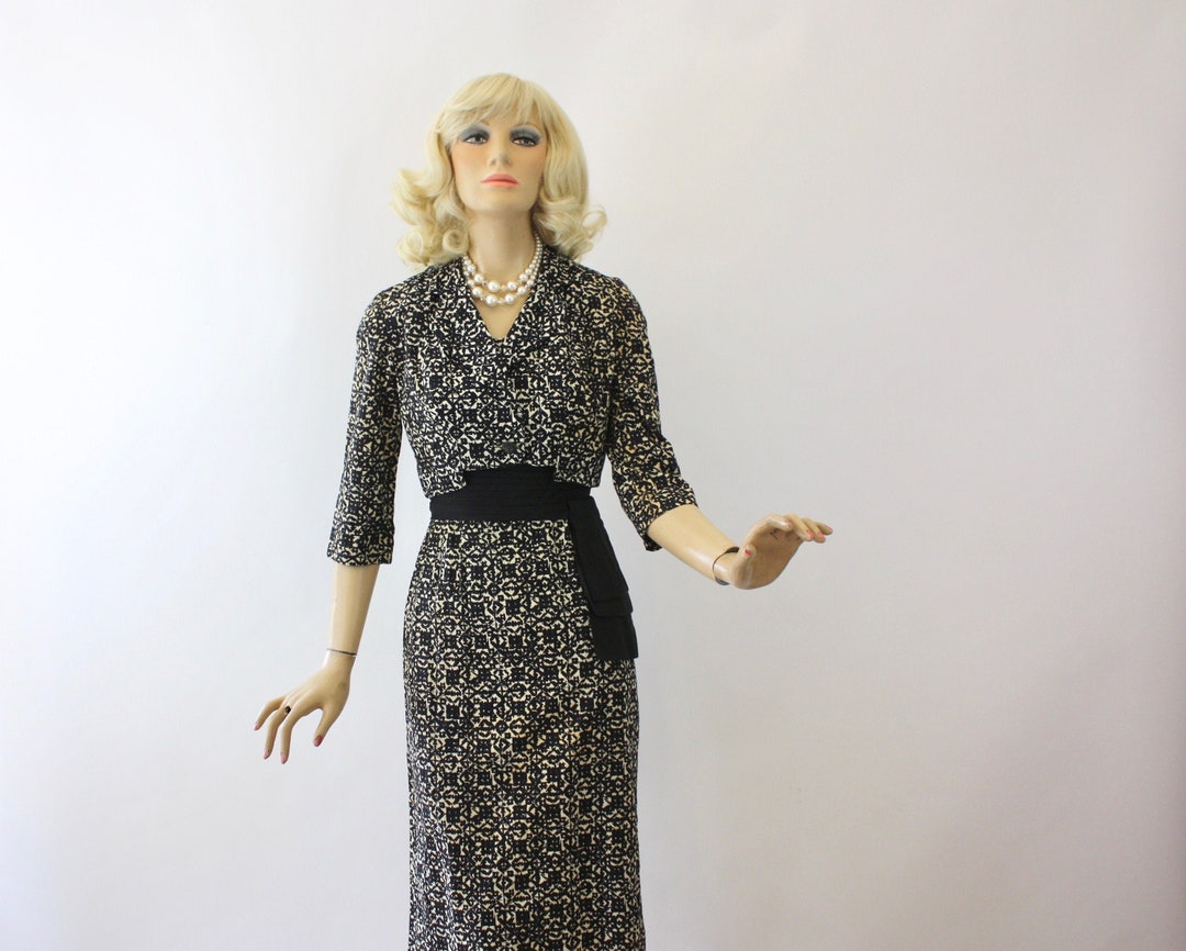 50s Dinner Dress & Jacket Black White Cotton Sheath Size Small Bust 34