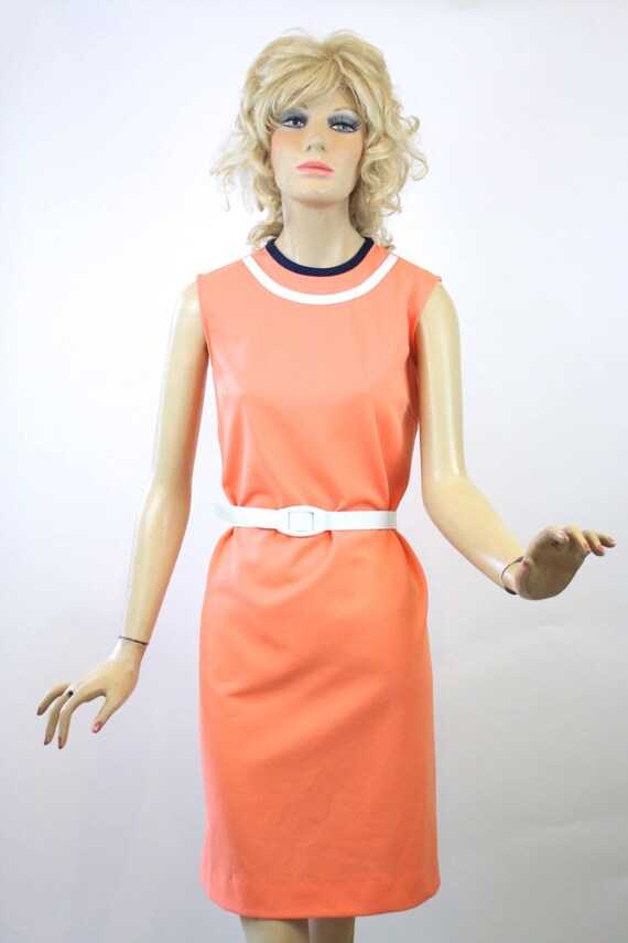 Vintage  Dress w Jacket Peach & Navy Shift Dress … - image 8