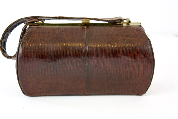 50s  Box Purse Small Brown Lizard Skin Barrel Sha… - image 4