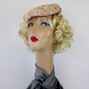 50s Pink Sequin Hat Sculptured w Iridescent Sequins Veil Tilt Formal Hat image 7