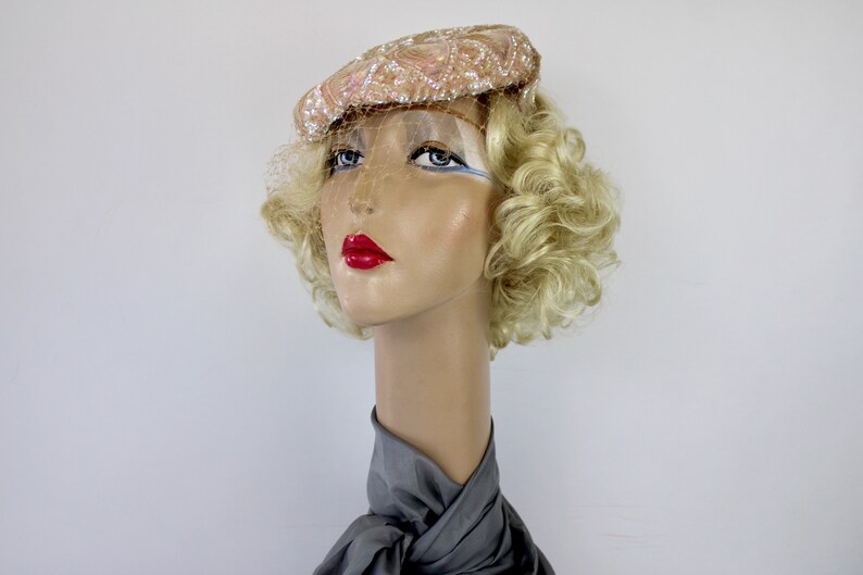 50s Pink Sequin Hat Sculptured w Iridescent Sequins Veil Tilt Formal Hat image 7