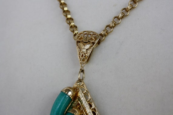 60s Jade Pendant Necklace  Gold Chain 7" Tassel P… - image 7