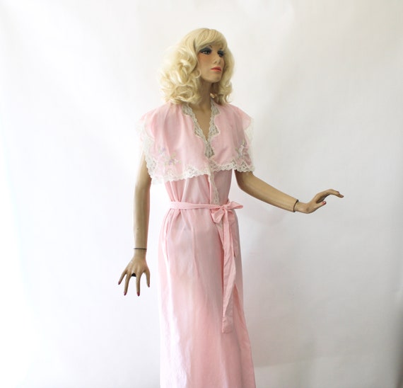 80s Gown Robe Vintage Pink Cotton Wrap   Size L B… - image 5