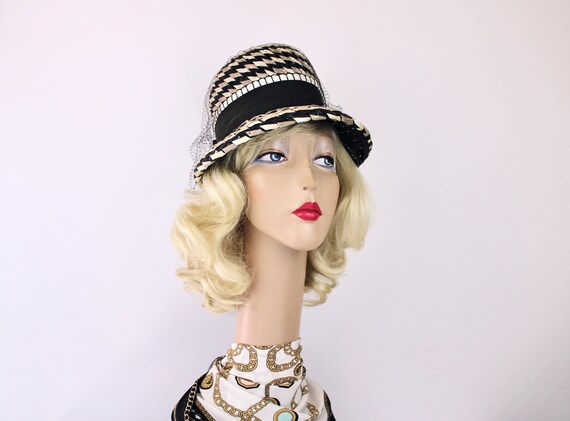 60s Straw Veil Hat Black Gray White Fedora Straw … - image 3