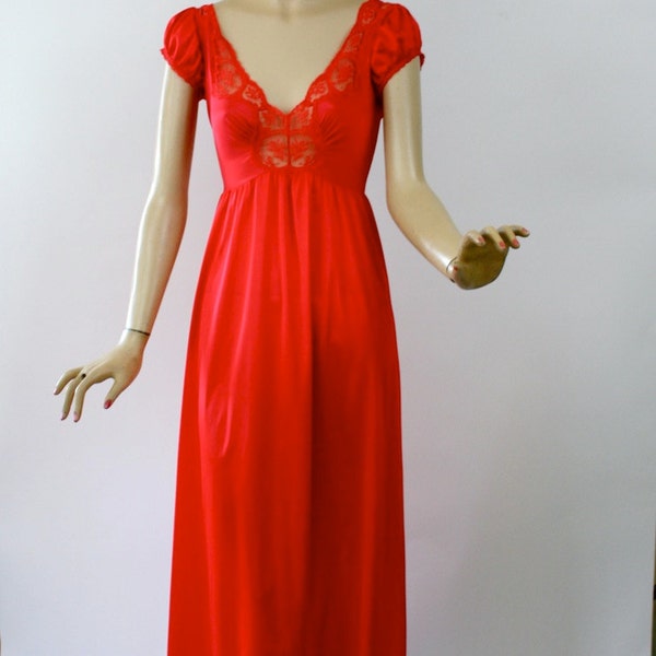 Vintage 70s Olga NightGown Red Low Cut Nylon Spandex Long Gown w Puff Sleeves Size Med