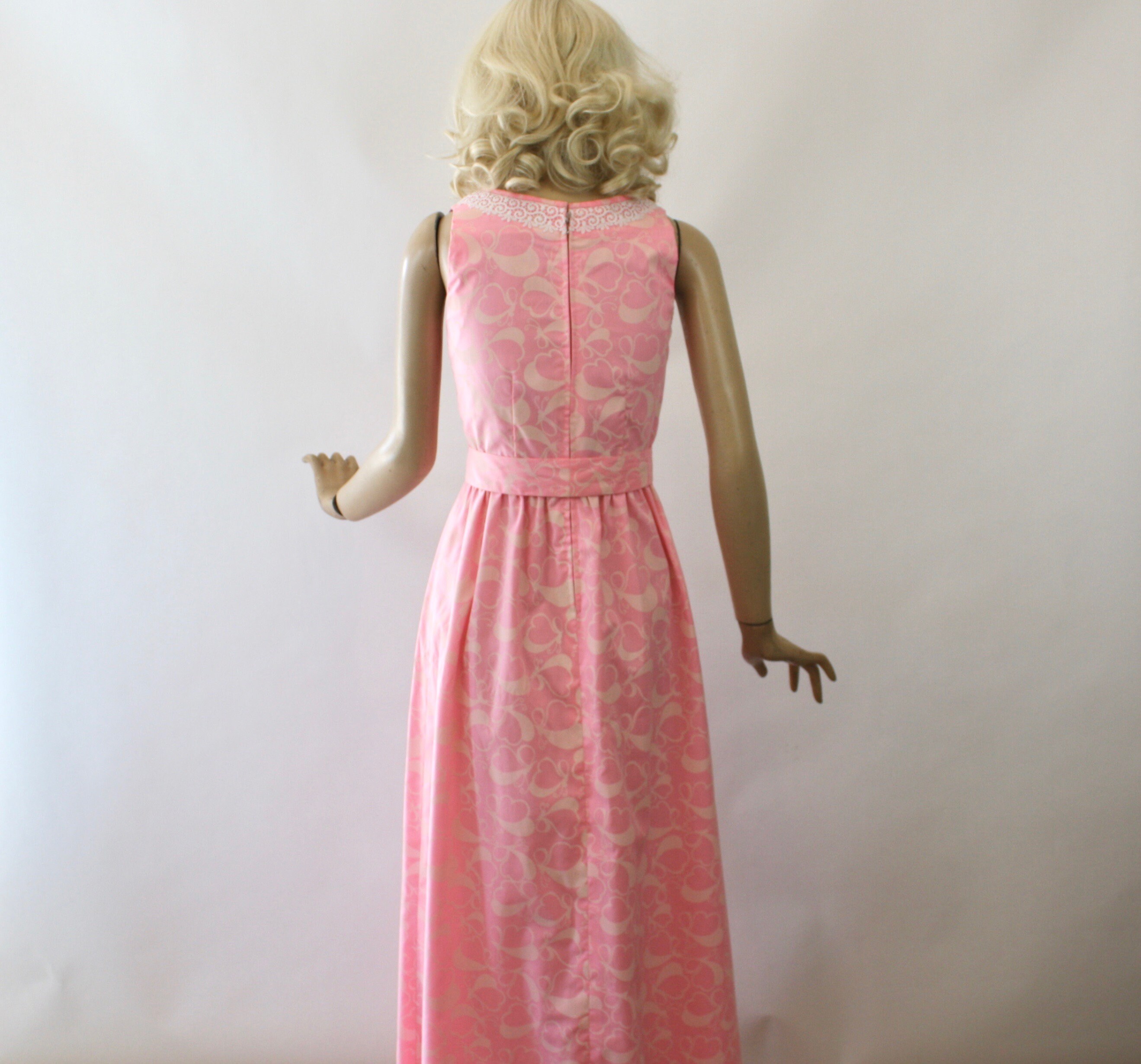 60s Maxi Dress Pink Cotton W Butterfly Print Size Sm Bust 34