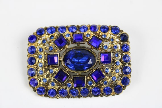 Vintage 40s Sapphire Brooch Large Gold Brooch w B… - image 1