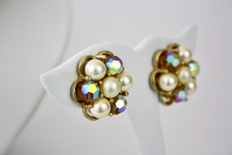 Vintage 60s Choker Earrings Richelieu 3 Strand Graduating Pearl AB Crystal Beads Goldtone Metal Clip on Earrings Signed