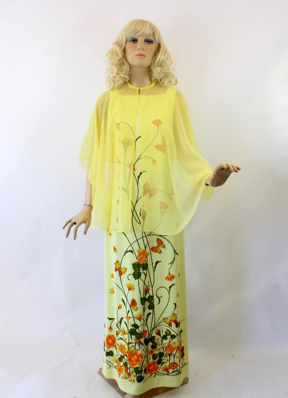 70s Alfred Shaheen Dress & Cape Yellow w Orange R… - image 2