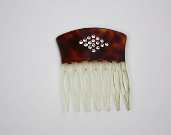 60s Hair Comb Faux Tortoiseshell Plastic w Clear Rhinestones