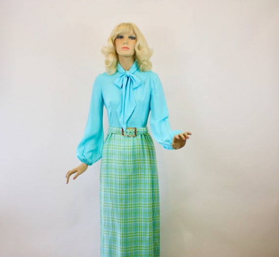 60s Maxi Dress Turquoise Top w Pussy Bow Tie  Pla… - image 1