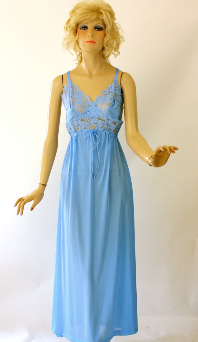 70s Long Nightgown Blue Sheer Lace Bust Nylon Gown by Henson | Etsy