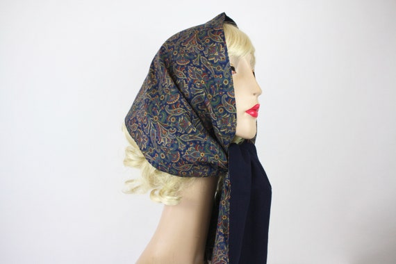 80s Silk & Wool Scarf Oblong Navy Floral Paisley - image 8