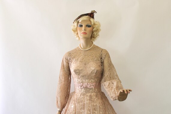 Vintage Formal Dress Sheer Nude Lace & Pink Satin… - image 4