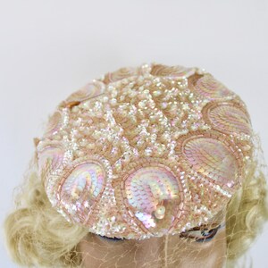 50s Pink Sequin Hat Sculptured w Iridescent Sequins Veil Tilt Formal Hat image 5