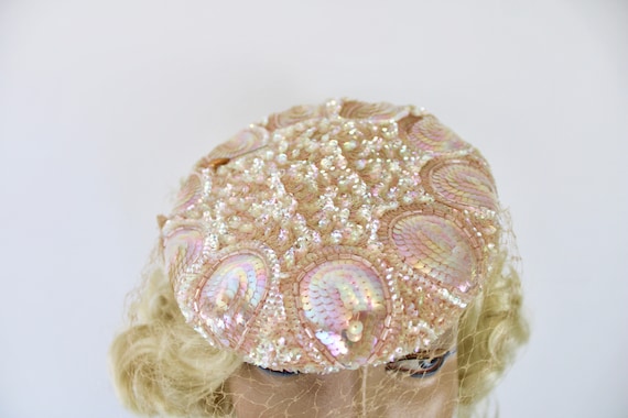 50s Pink Sequin Hat Sculptured w Iridescent Sequi… - image 5