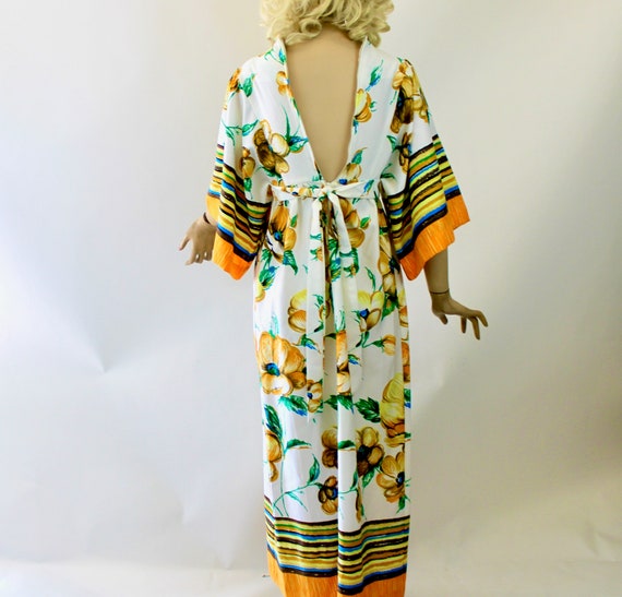 70s Hawaiian Maxi Dress White Empire w Large Floral P… - Gem