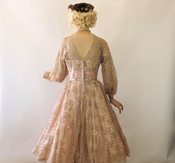 Vintage Formal Dress Sheer Nude Lace & Pink Satin… - image 9