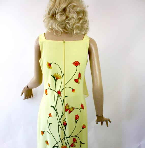 70s Alfred Shaheen Dress & Cape Yellow w Orange R… - image 10