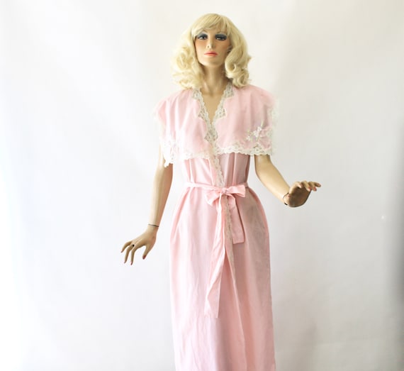 80s Gown Robe Vintage Pink Cotton Wrap   Size L B… - image 2