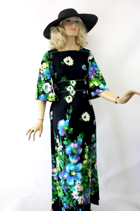 70s Floral Maxi Dress Alice of California Black Ha