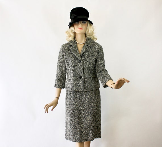 50s Suit Black White Boucle Wool Short Jacket Straight Skirt Bust 38 Etsy