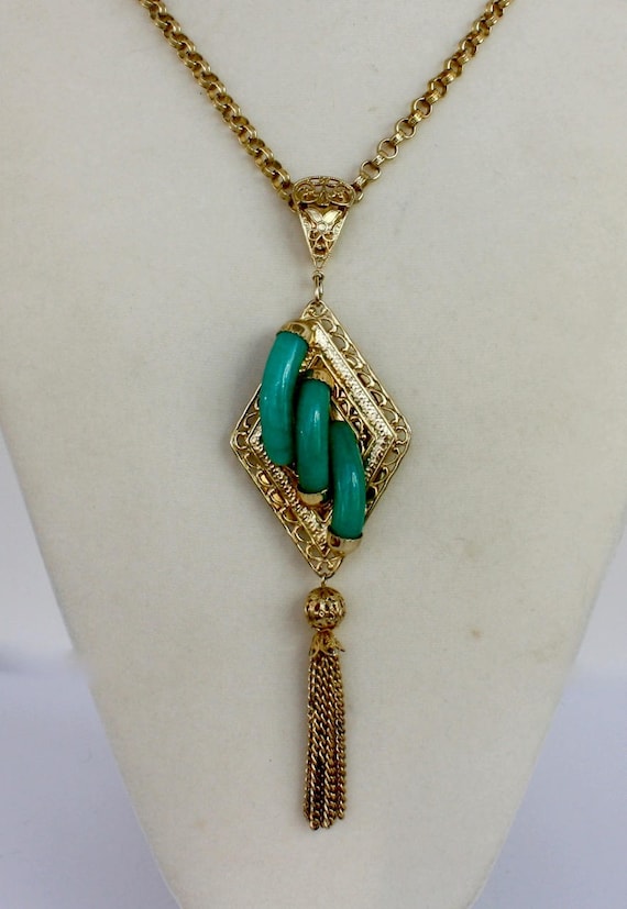 60s Jade Pendant Necklace  Gold Chain 7" Tassel P… - image 3