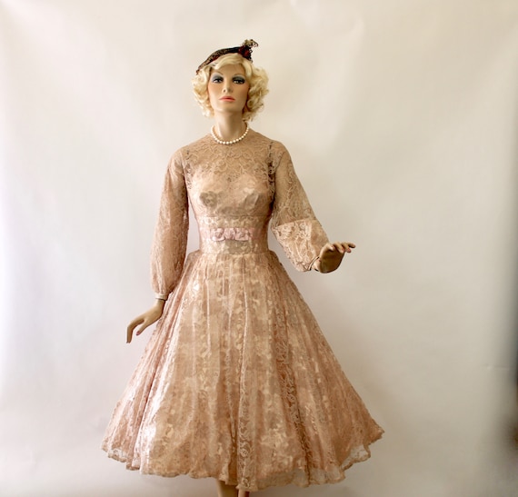 Vintage Formal Dress Sheer Nude Lace & Pink Satin… - image 3