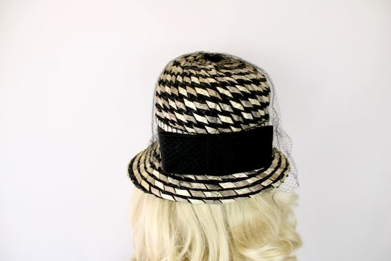 60s Straw Veil Hat Black Gray White Fedora Straw … - image 7