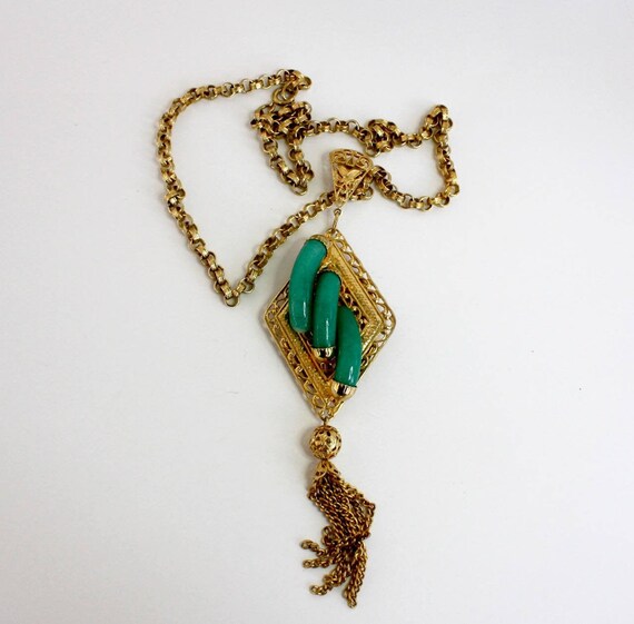 60s Jade Pendant Necklace  Gold Chain 7" Tassel P… - image 1