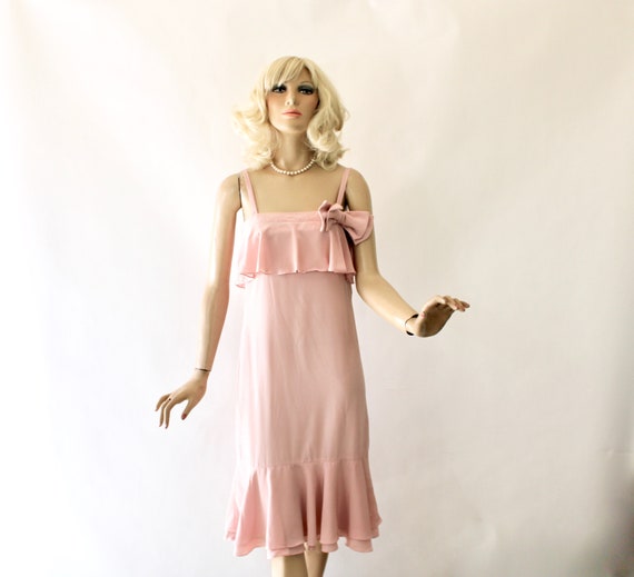 Vintage Party Dress Pink Crepe Ruffle Slip Dress Size Small Bust 32 