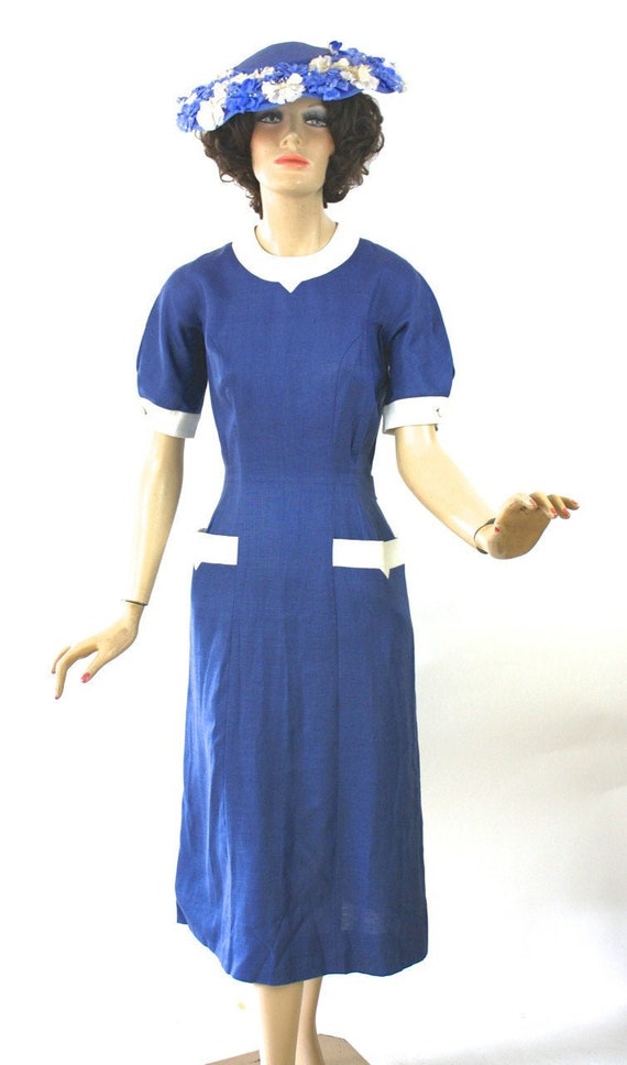 Vintage 50s Dinner  Dress Blue Linen w White Trim 