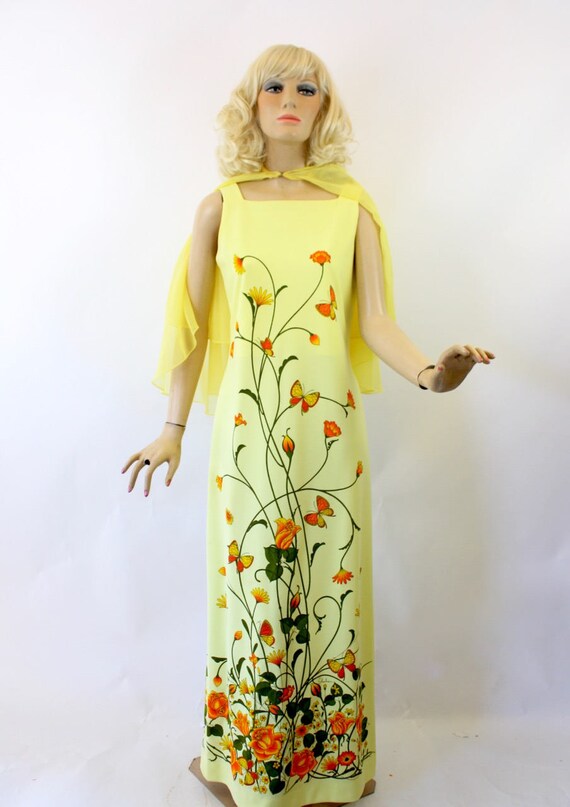 70s Alfred Shaheen Dress & Cape Yellow w Orange R… - image 6