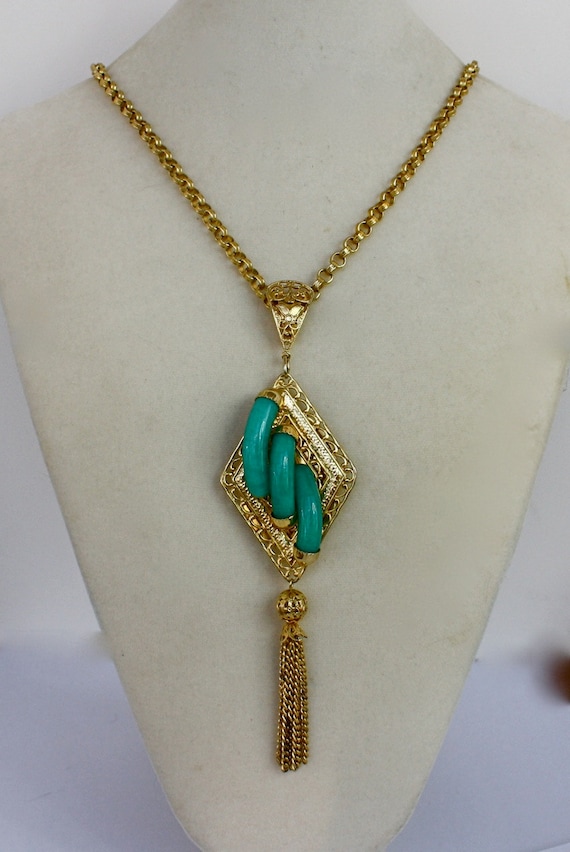 60s Jade Pendant Necklace  Gold Chain 7" Tassel P… - image 6