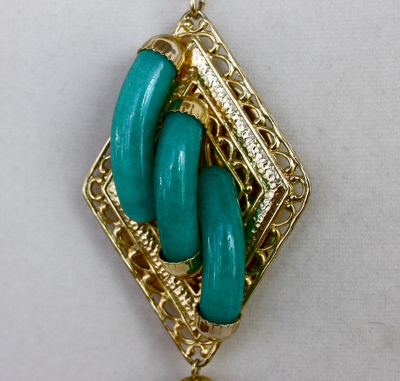 60s Jade Pendant Necklace  Gold Chain 7" Tassel P… - image 4
