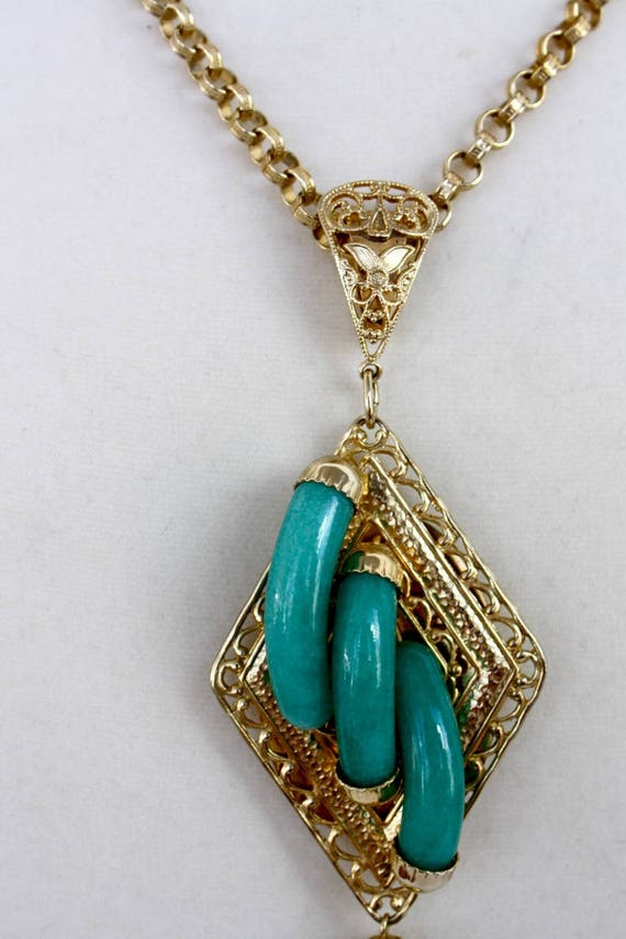 60s Jade Pendant Necklace  Gold Chain 7" Tassel P… - image 5