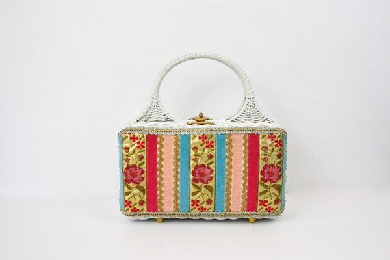 50s 60s Box Purse White Wicker w Gold Brocade Pink