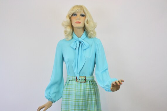 60s Maxi Dress Turquoise Top w Pussy Bow Tie  Pla… - image 4
