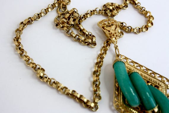 60s Jade Pendant Necklace  Gold Chain 7" Tassel P… - image 10