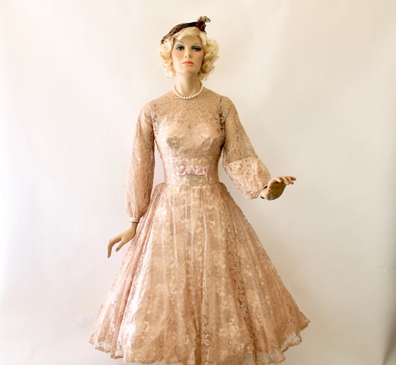 Vintage Formal Dress Sheer Nude Lace & Pink Satin… - image 2