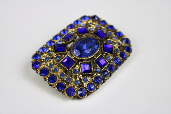 Vintage 40s Sapphire Brooch Large Gold Brooch w B… - image 4