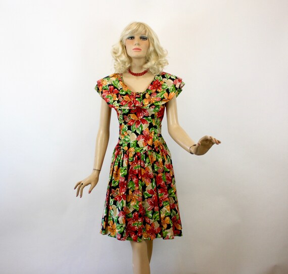 Vintage Day Dress NOS   Black Cotton Floral Dress… - image 3