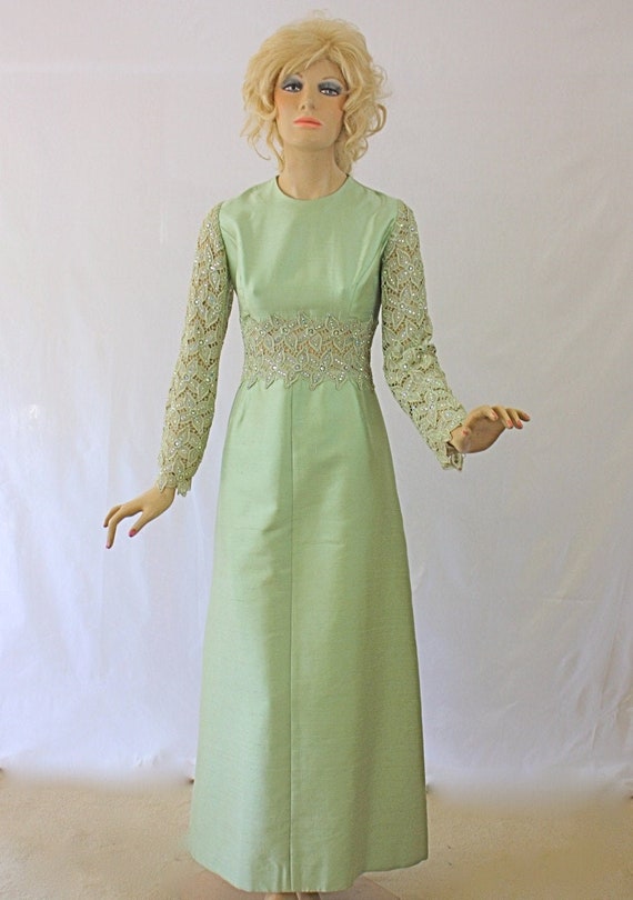 Vintage 60s Formal Dress Gown Celadon Green Shantung w Nude | Etsy
