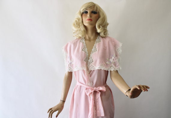 80s Gown Robe Vintage Pink Cotton Wrap   Size L B… - image 8